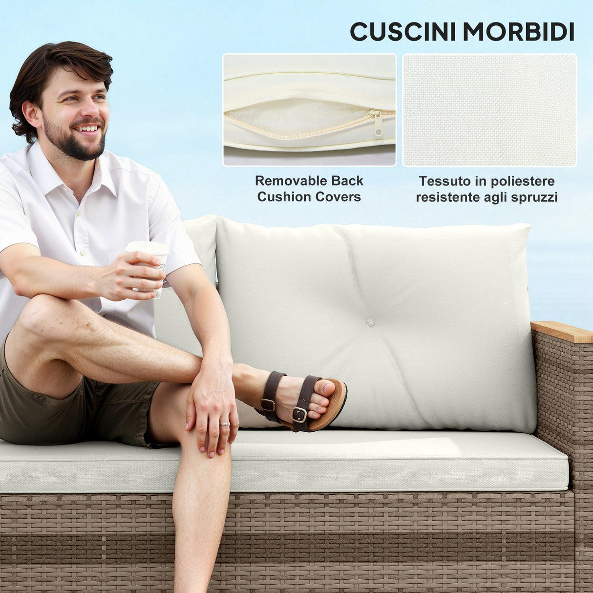 easycomfort easycomfort salotto da giardino in rattan pe con divano 2 posti chaise longue e tavolino da caffe crema