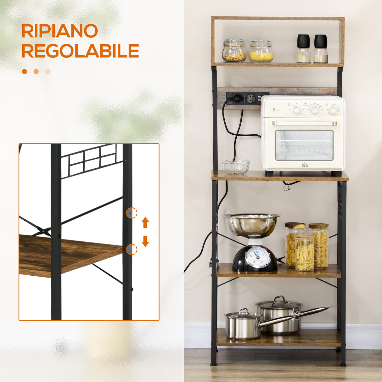 easycomfort easycomfort scaffale cucina con multipresa ripiani e ganci stile industriale 60x42x153cm marrone