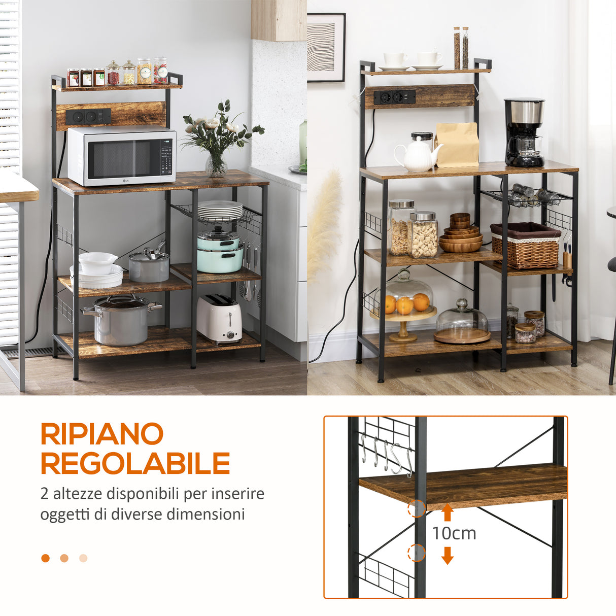 easycomfort easycomfort scaffale cucina multipresa per microonde con ripiani e cestino a rete 90x42x130cm marrone