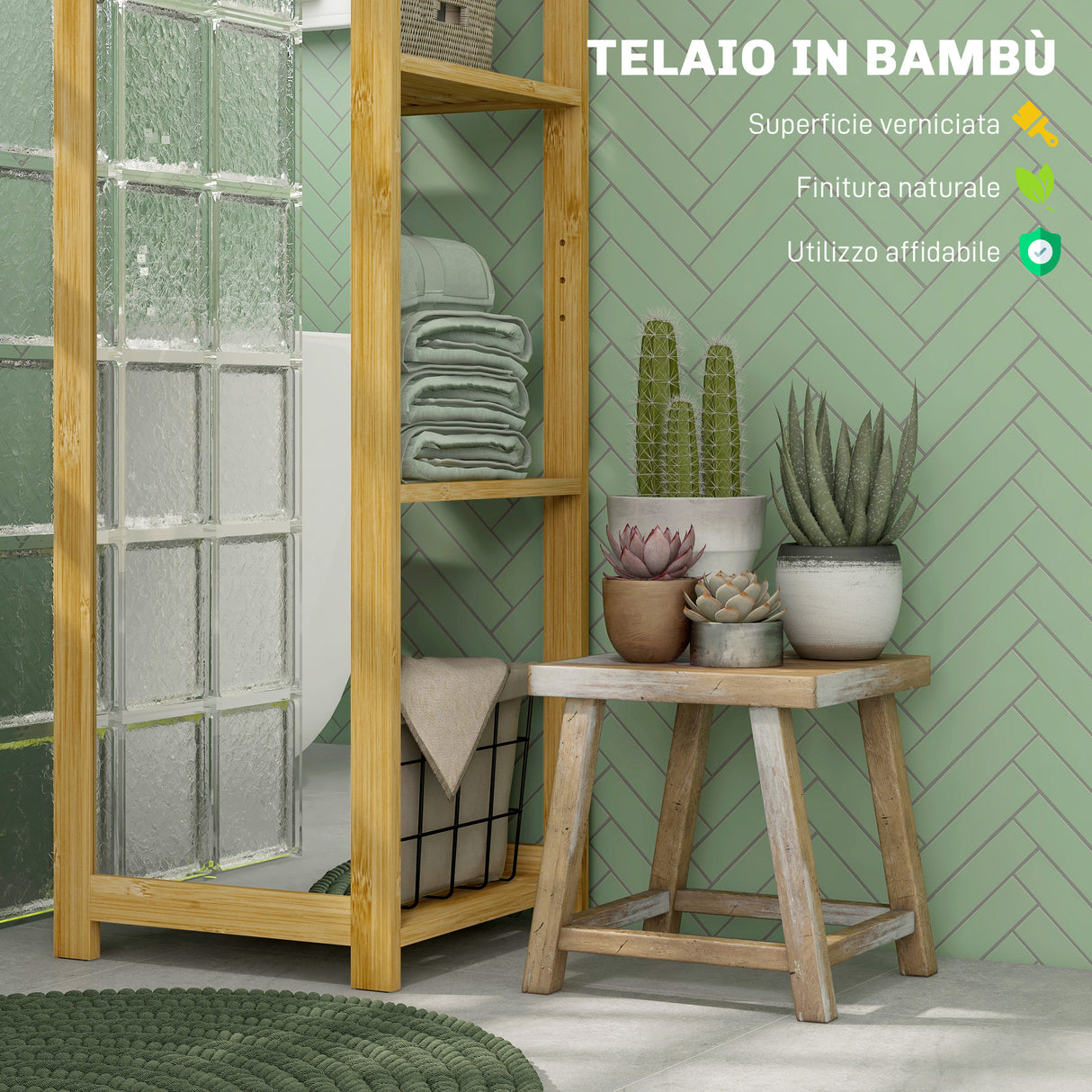 easycomfort easycomfort scaffale da bagno con specchio e 6 ripiani a doghe in bambu 35x35x168cm colore legno