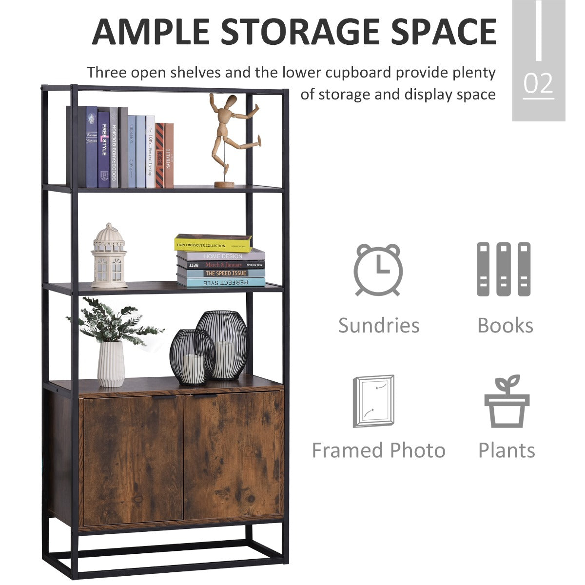 easycomfort easycomfort scaffale libreria in stile vintage con 3 ripiani 1 armadietto in legno e telaio in metallo nero 76x33x162 5cm ean 8054144136066