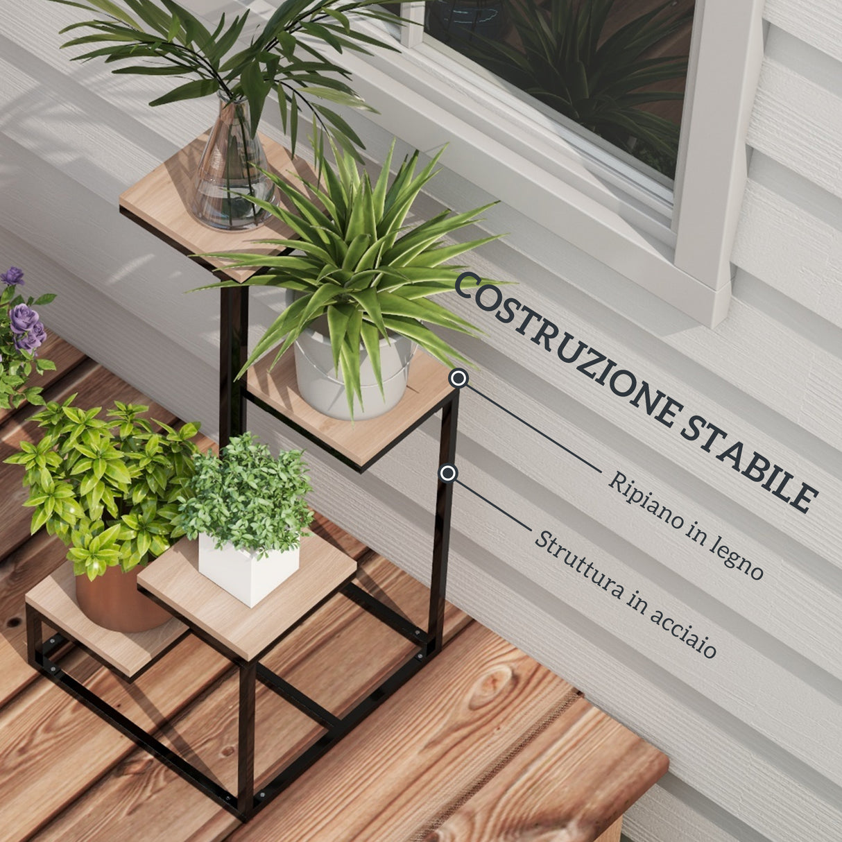 easycomfort easycomfort scaffale per piante a 4 livelli in acciaio e legno 40x40x75 5 cm marrone e nero