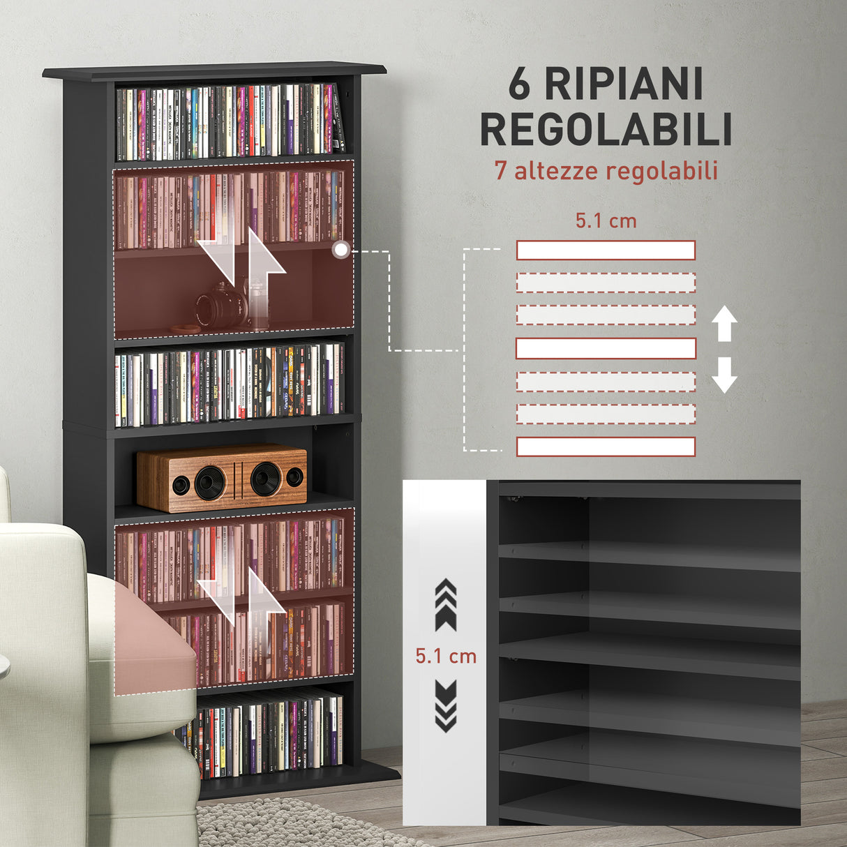 easycomfort easycomfort scaffale porta cd con 6 ripiani regolabili capacita di 360 cd185 dvd 58x24x124 5 cm nero
