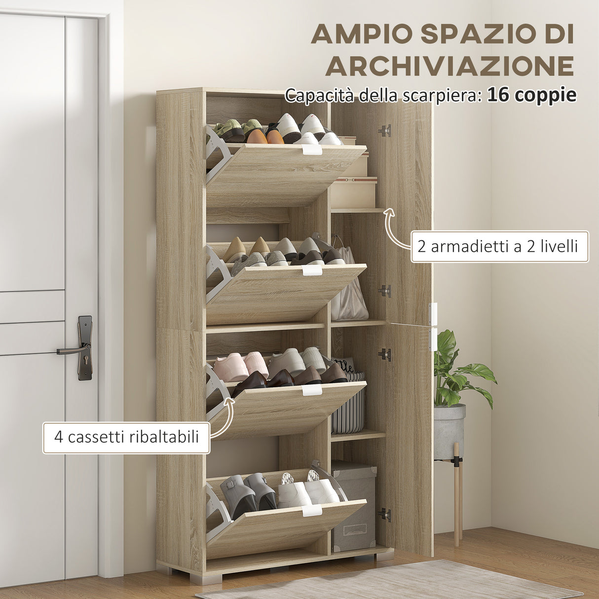 easycomfort easycomfort scarpiera con specchio per 16 paia di scarpe 4 cassetti a ribalta e 2 armadietti 82x30x168cm rovere
