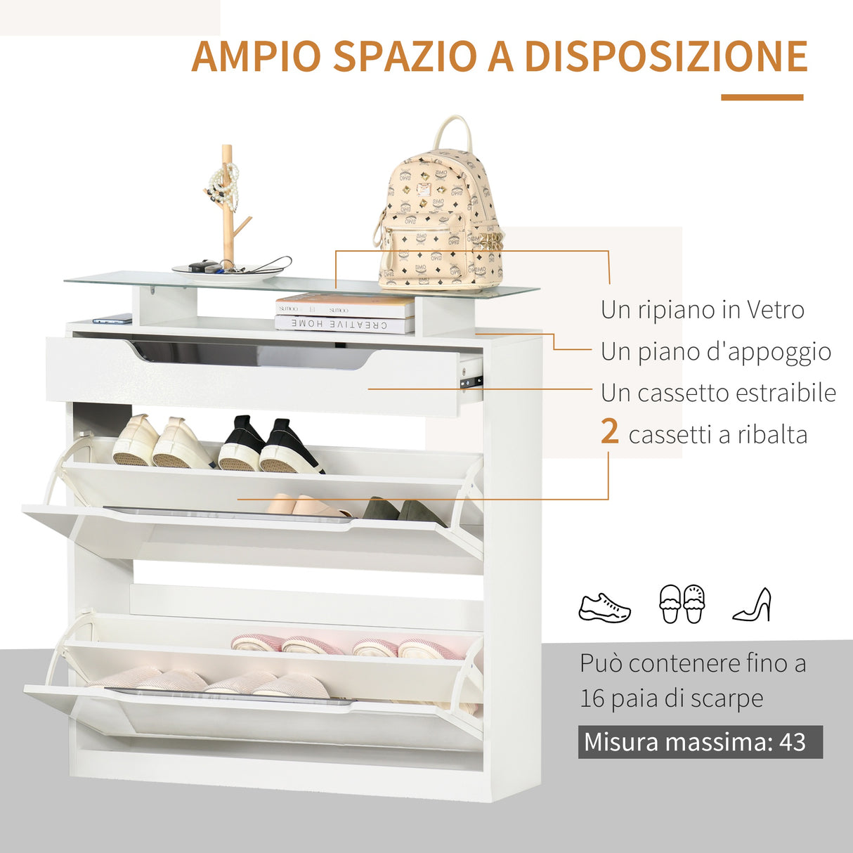 easycomfort easycomfort scarpiera moderna con 2 cassetti per 16 scarpe scarpiera a ribalta con mensola regolabile e ripiano in vetro 89x23x96cm bianco lucido