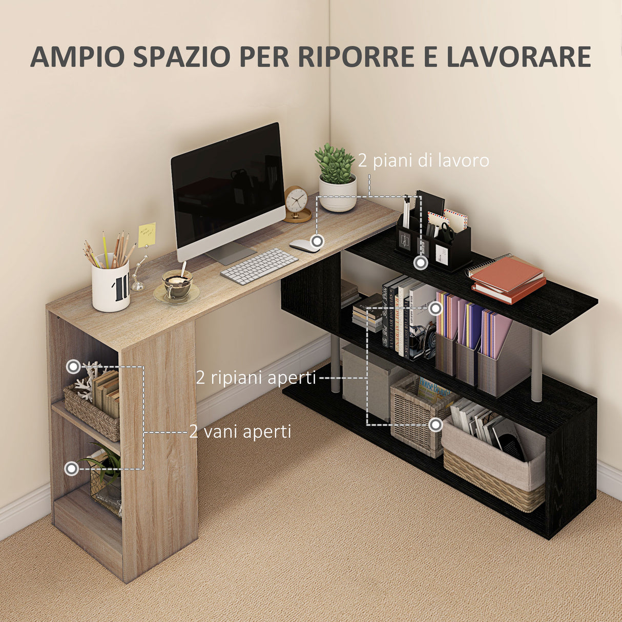 easycomfort easycomfort scrivania angolare salvaspazio con ripiano a s in legno 140x120x78 cm color legno