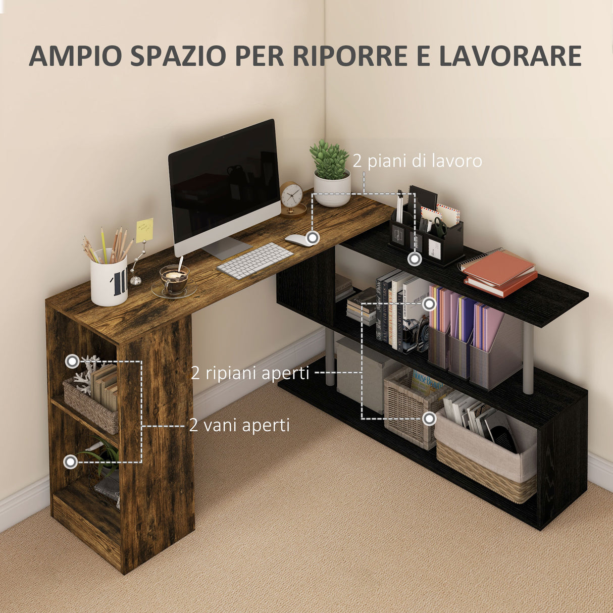 easycomfort easycomfort scrivania angolare salvaspazio con ripiano a s in legno 140x120x78 cm color marrone e nero