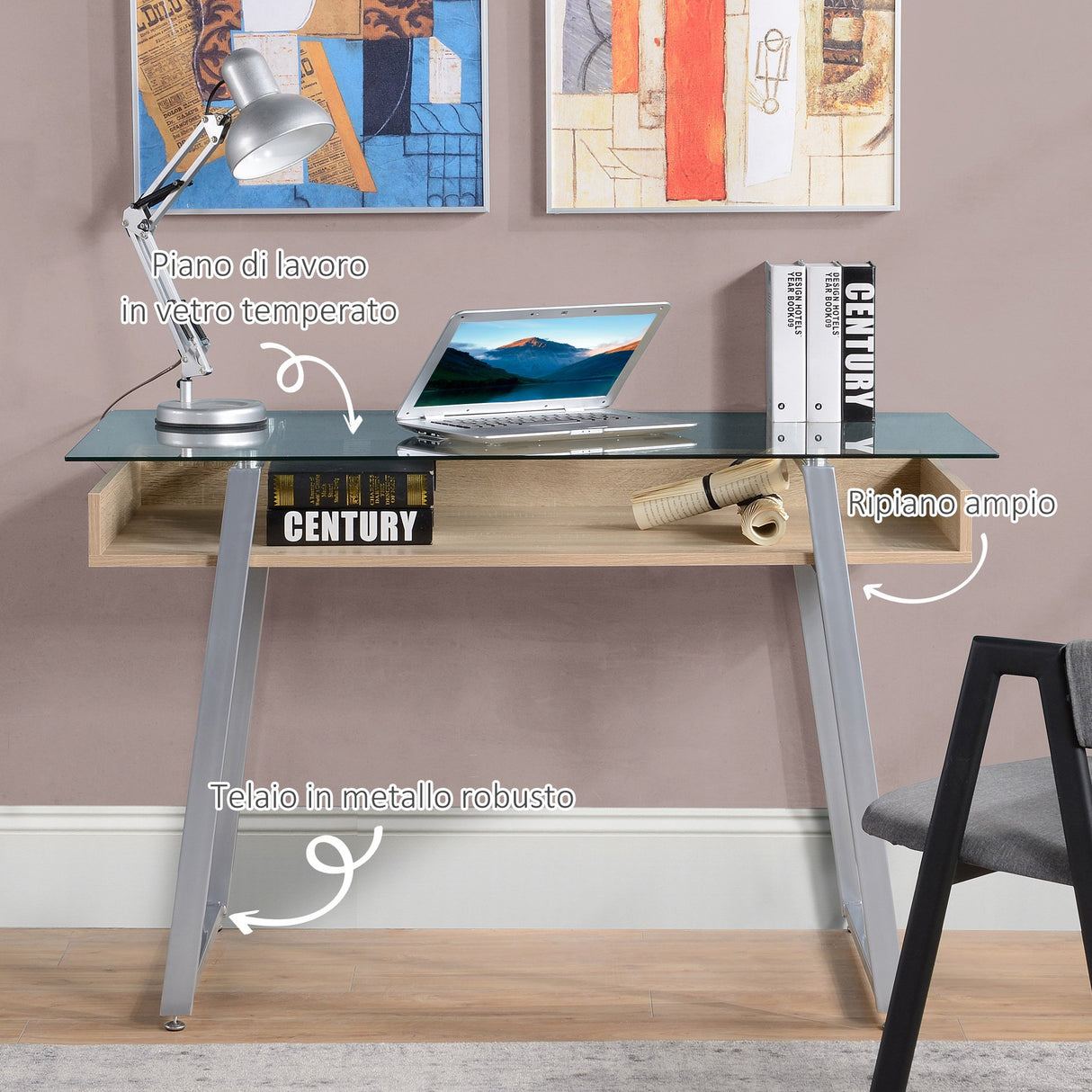 easycomfort easycomfort scrivania da computer di design con piano in vetro temperato di 9mm e telaio in legno e acciaio per casa ufficio ean 8055776910307