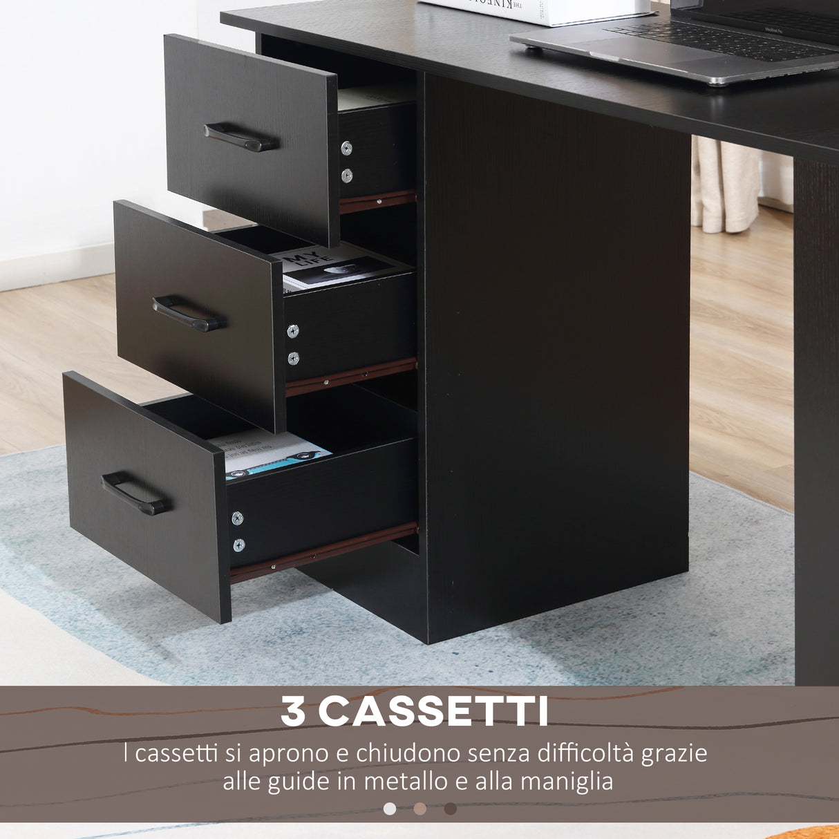 easycomfort easycomfort scrivania moderna in legno con 3 cassetti e 3 ripiani per camera e ufficio 120x49x72cm nero