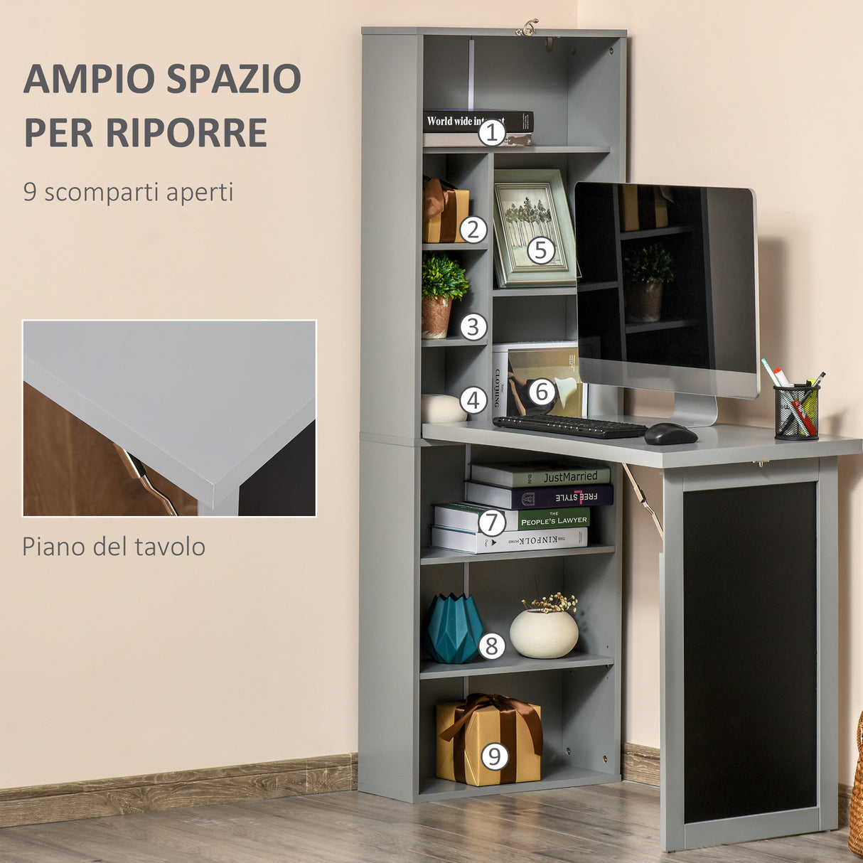 easycomfort easycomfort scrivania pc pieghevole con libreria a 9 ripiani in legno e metallo 98x51x153 cm grigio