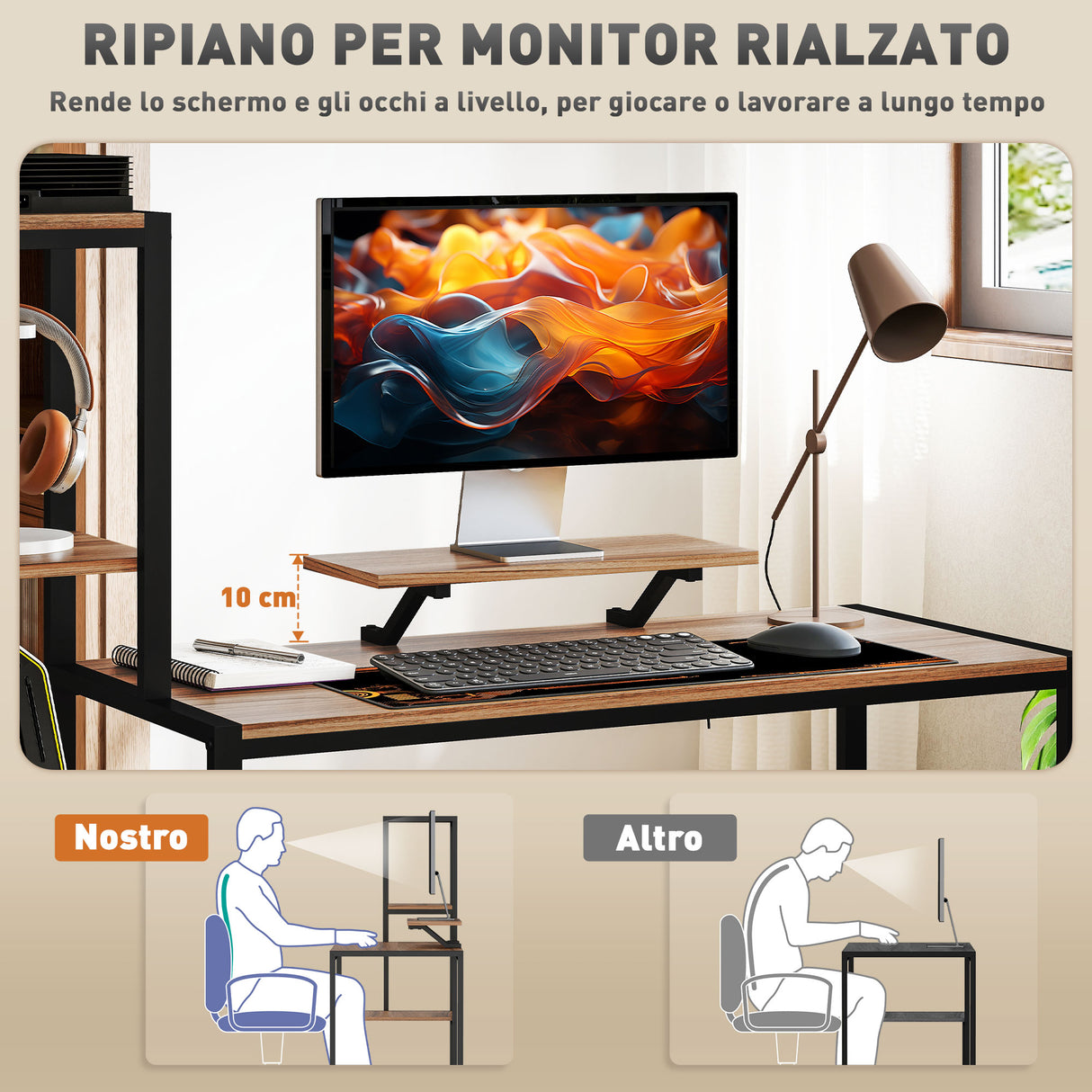 easycomfort easycomfort scrivania per camera con scaffale a 4 ripiani e supporto per monitor 150x48x125cm marrone