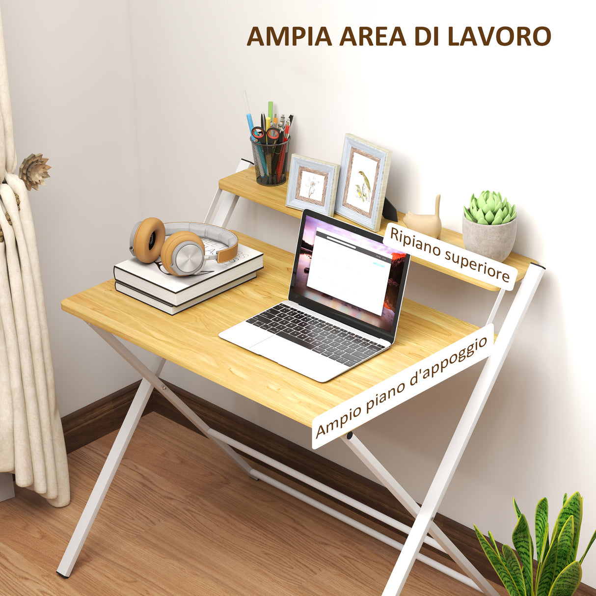 easycomfort easycomfort scrivania pieghevole con ripiano rialzato e gambe a x in legno e acciaio 86x66x82 cm bianco e color legno