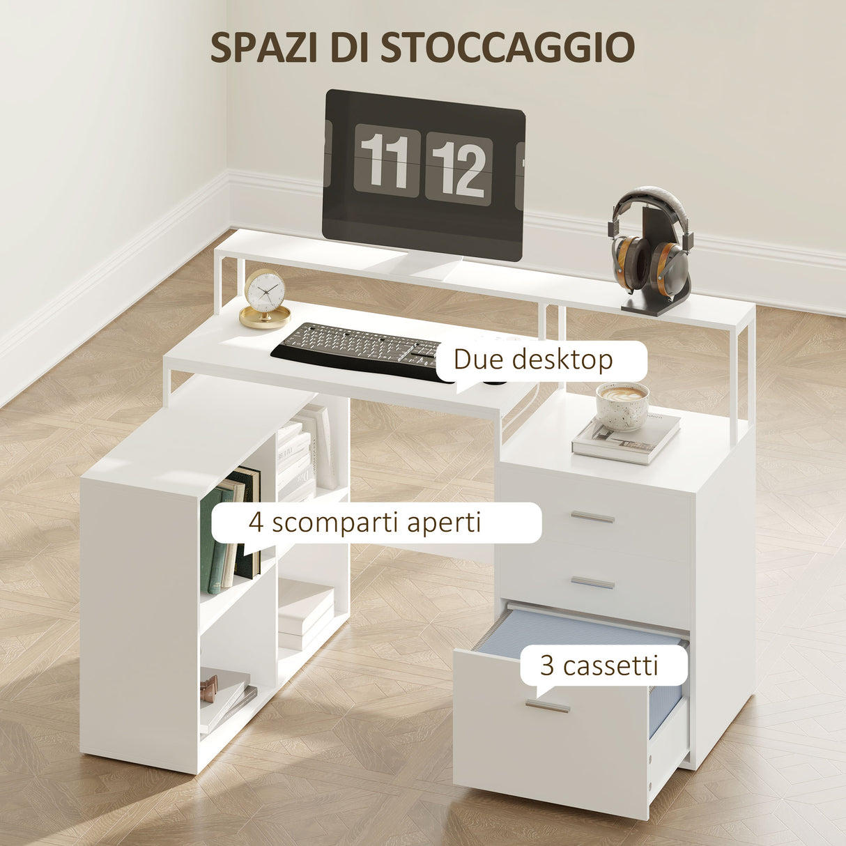 easycomfort easycomfort scrivania ufficio con 2 tavoli 4 ripiani 3 cassetti e supporto per monitor in legno 138 5x90x92 cm bianco