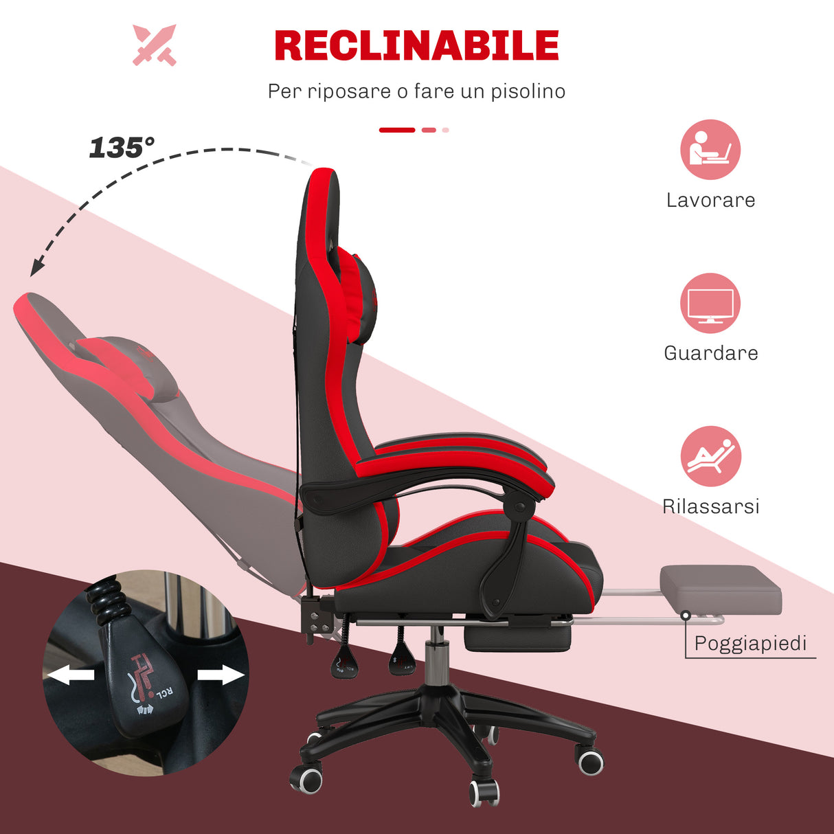 easycomfort easycomfort sedia da gaming con altezza regolabile e schienale reclinabile 65x65x121 129 cm nero e rosso