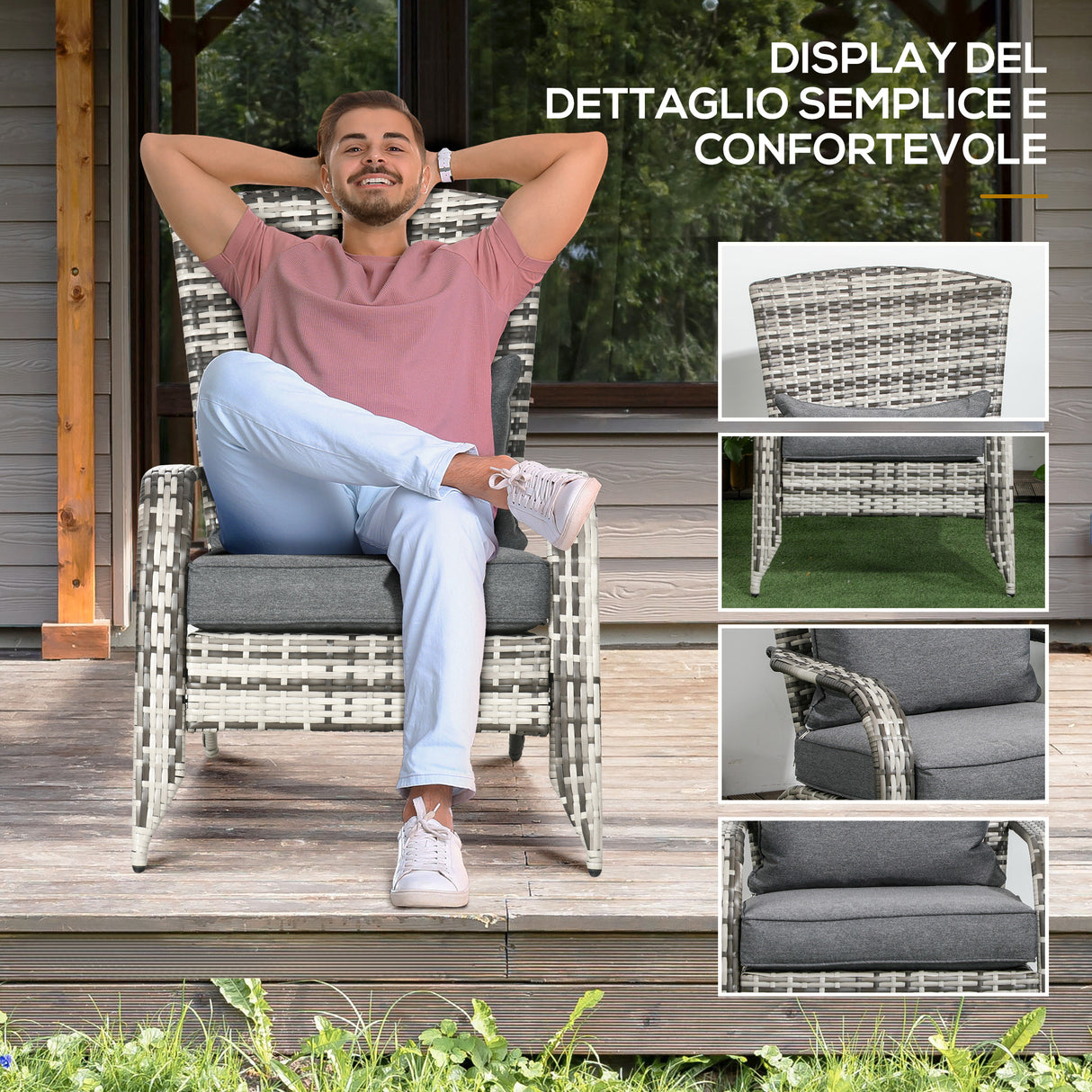 easycomfort easycomfort sedia da giardino adironrack con braccioli in rattan e acciaio 64x80x90 cm grigio