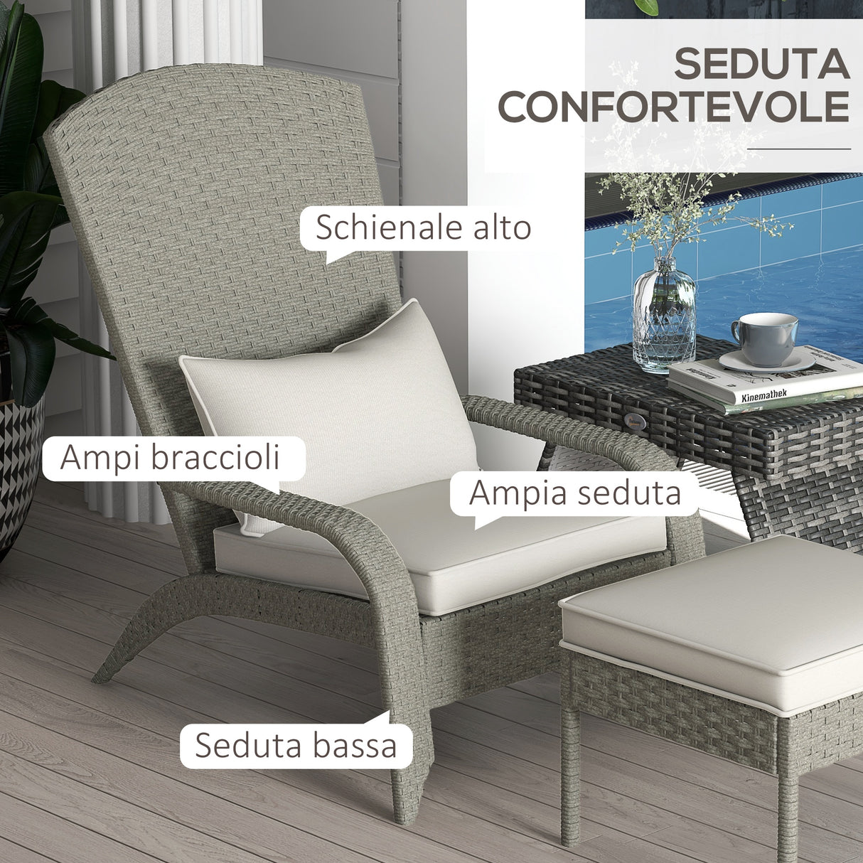 easycomfort easycomfort sedia da giardino con poggiapiedi e cuscini imbottiti in rattan e acciaio 64x82x89 cm grigio e crema