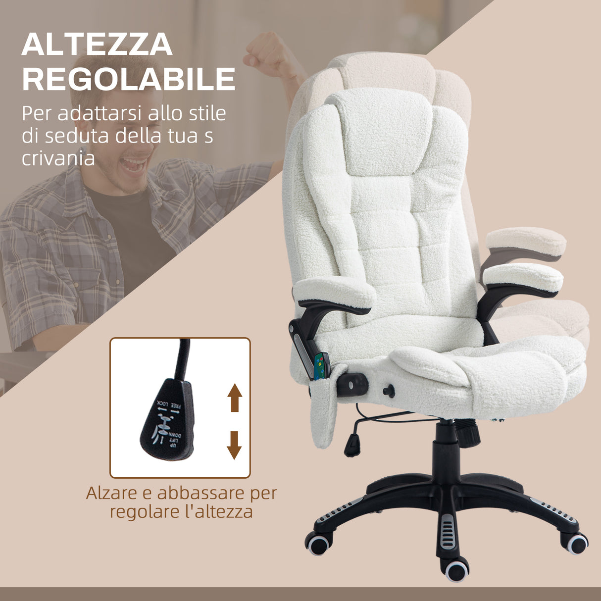 easycomfort easycomfort sedia da ufficio massaggiante e regolabile con telecomando in tessuto teddy 67x74x107 116 cm bianco