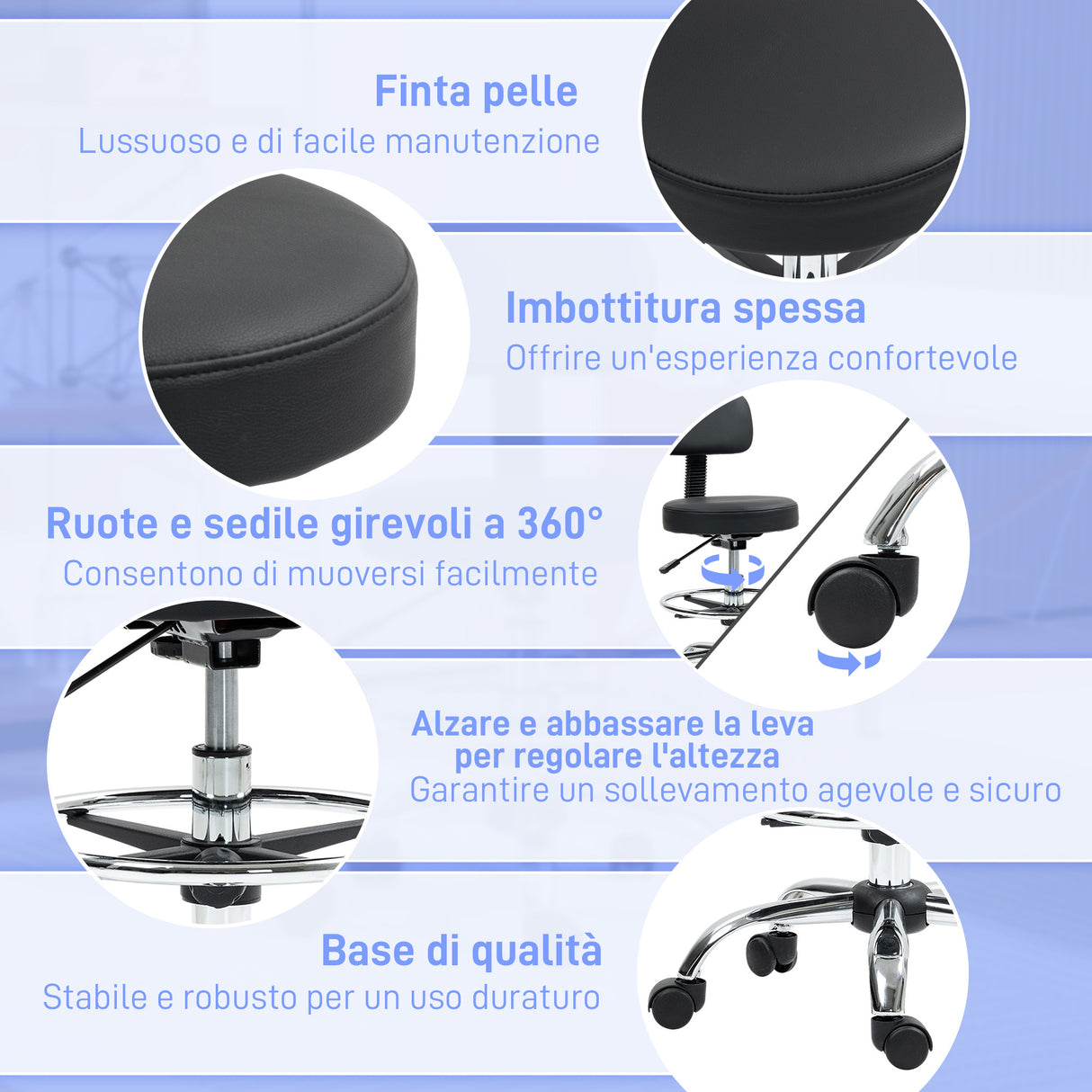 easycomfort easycomfort sedia girevole ad altezza regolabile con poggiapiedi in acciaio finta pelle e gommapiuma 52x52x78 92 cm nero