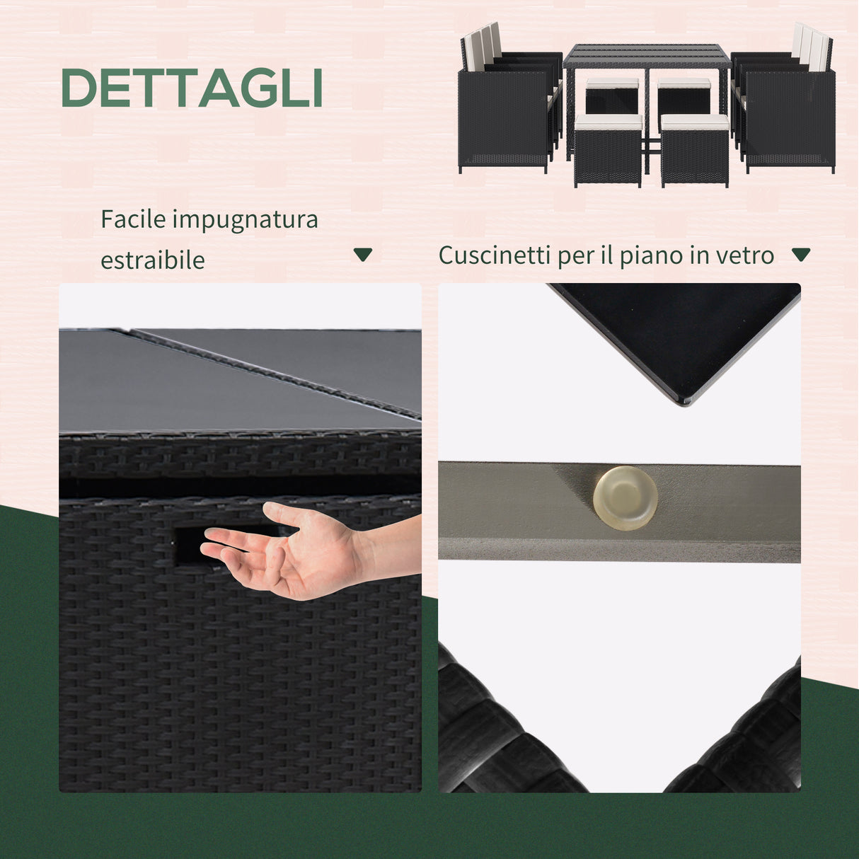 easycomfort easycomfort set 11 pz mobili da giardino in rattan da esterno con tavolo in vetro temperato e cuscini set da pranzo nero