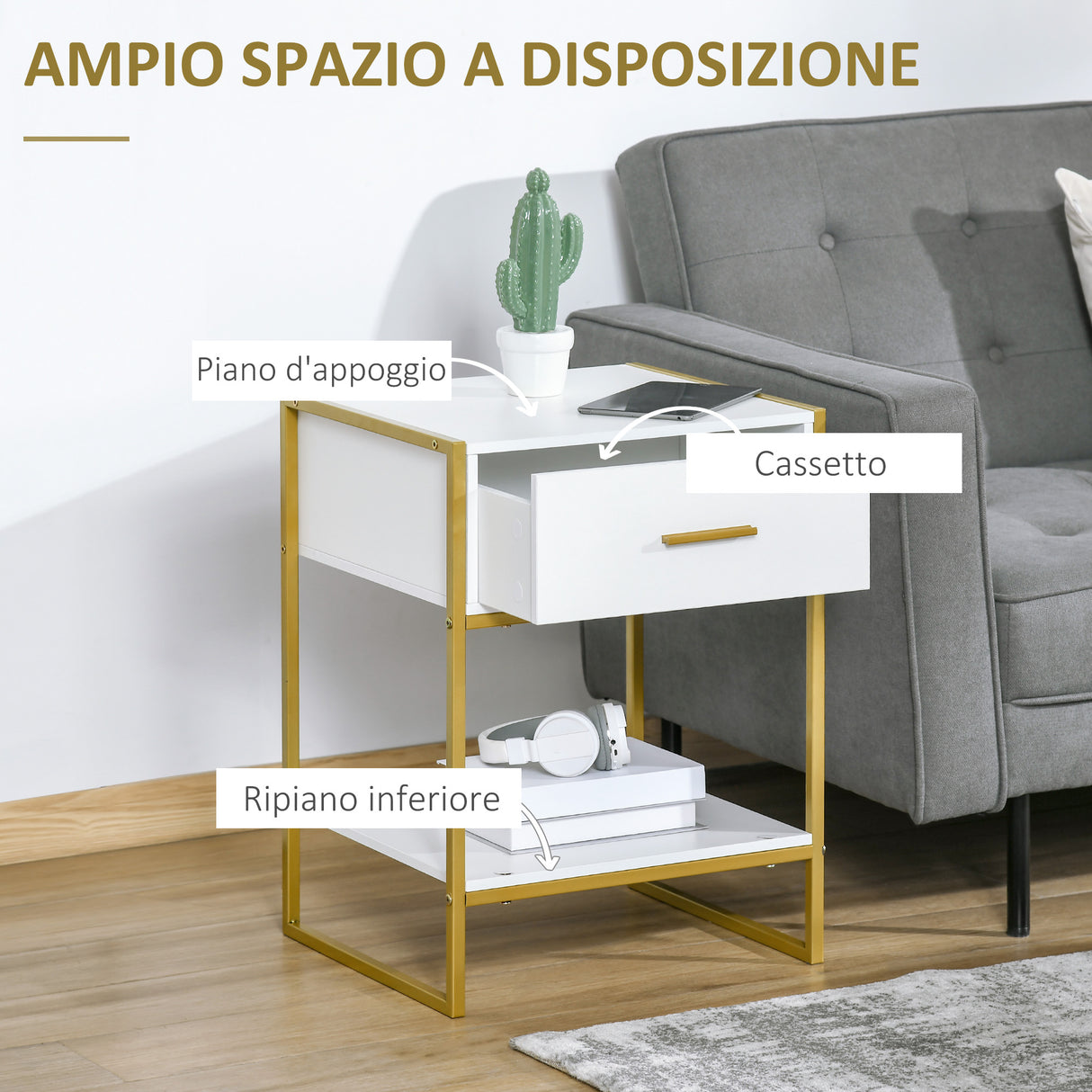 easycomfort easycomfort set 2 comodini moderni con cassetto e ripiano aperto in mdf e acciaio 45x40x60cm bianco e oro