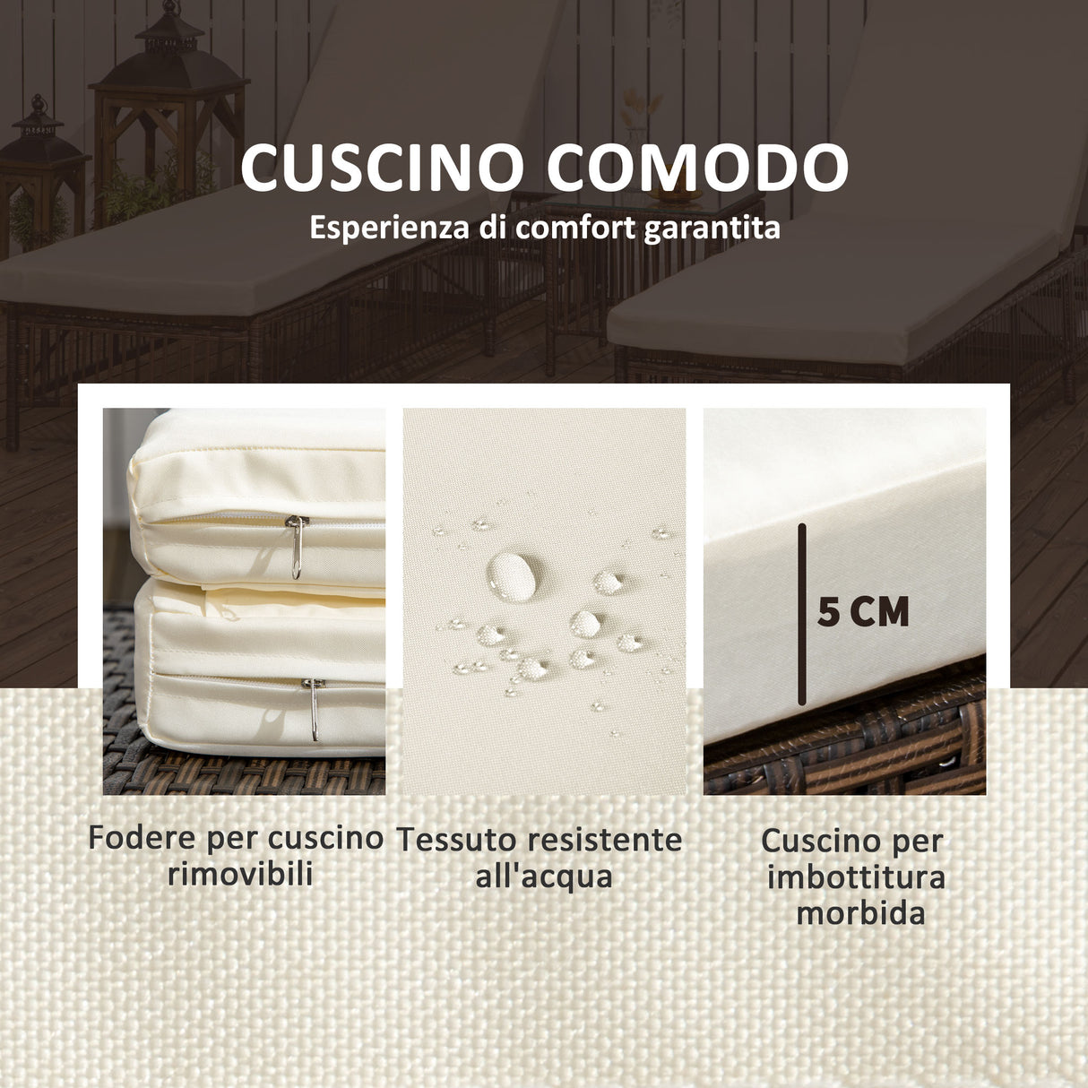 easycomfort easycomfort set 2 lettini prendisole con cuscini imbottiti e tavolino in rattan pe marrone e beige