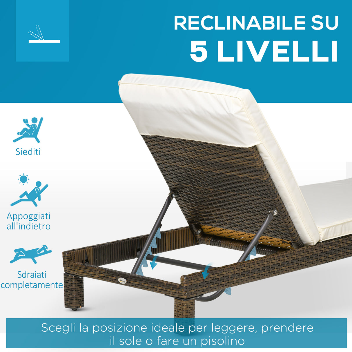 easycomfort easycomfort set 2 lettini prendisole in rattan pe con cuscino e schienale 5 reclinazioni 196x60x22cm