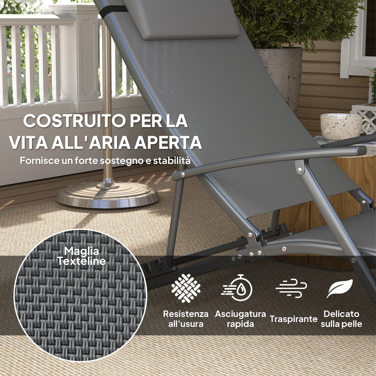 easycomfort easycomfort set 2 sdraio da giardino pieghevoli con schienale regolabile su 4 livelli e cuscino grigio