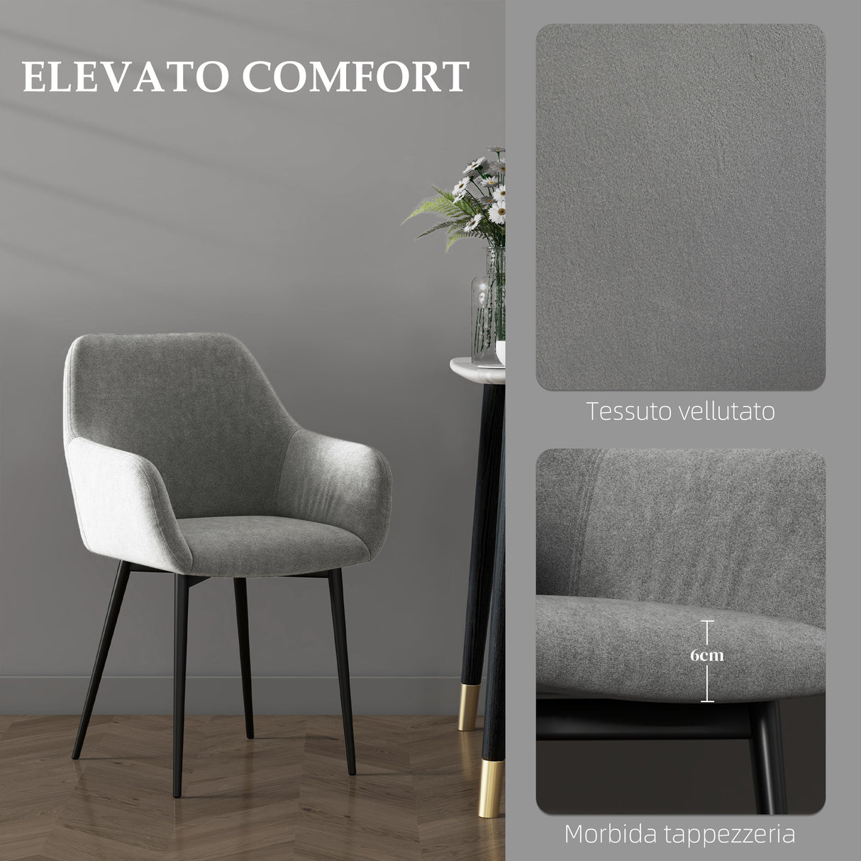 easycomfort easycomfort set 2 sedie da pranzo nordiche imbottite con braccioli ricurvi in tessuto effetto velluto 54x57x80 cm grigio scuro