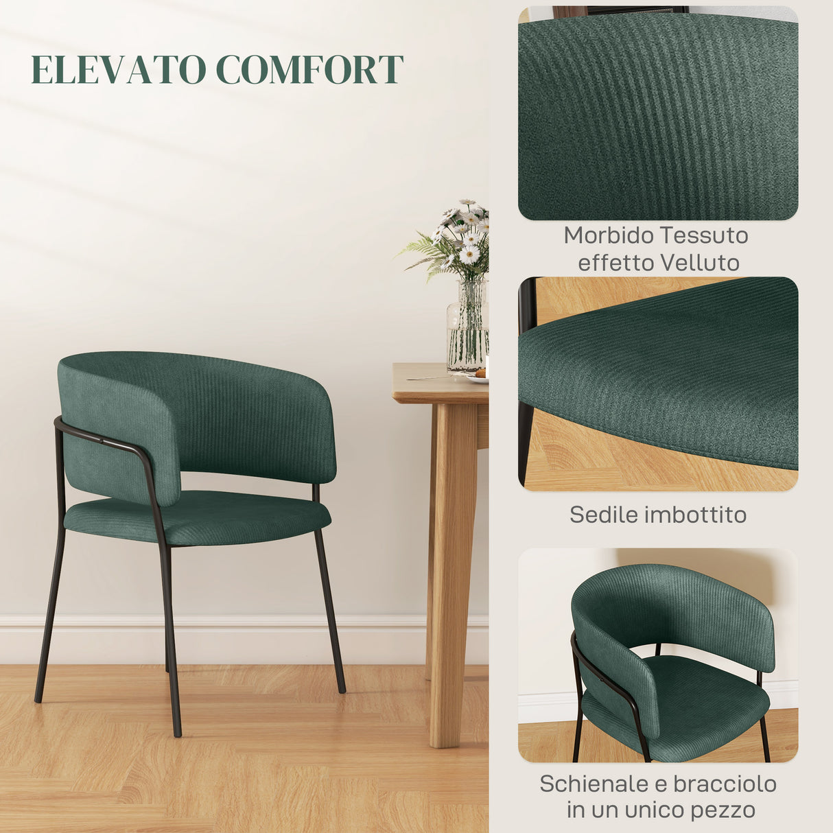 easycomfort easycomfort set 2 sedie per cucina imbottite in tessuto effetto velluto e acciaio 57x53x73 cm verde