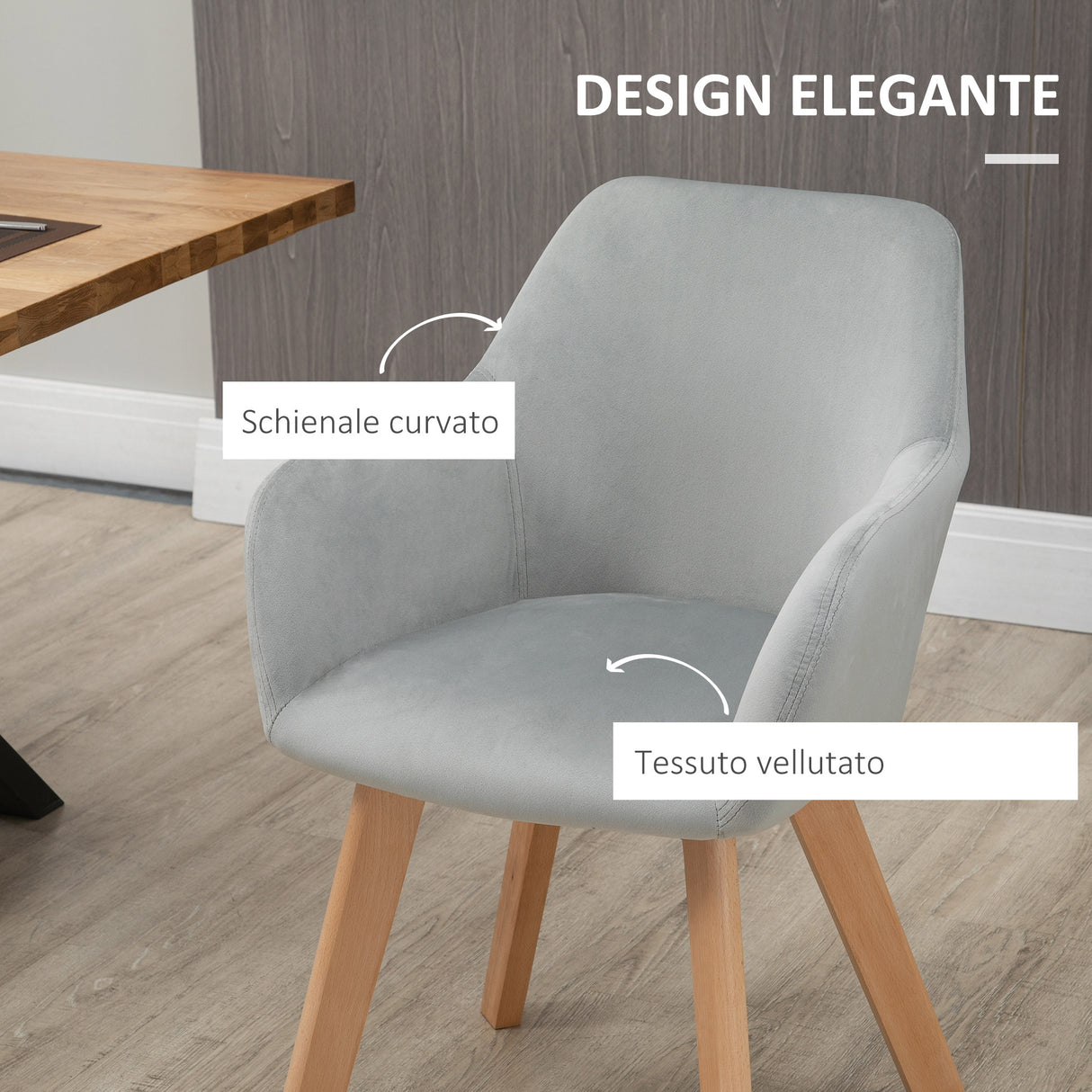 easycomfort easycomfort set 2 sedie per sala da pranzo imbottite in velluto con braccioli e gambe in legno grigio