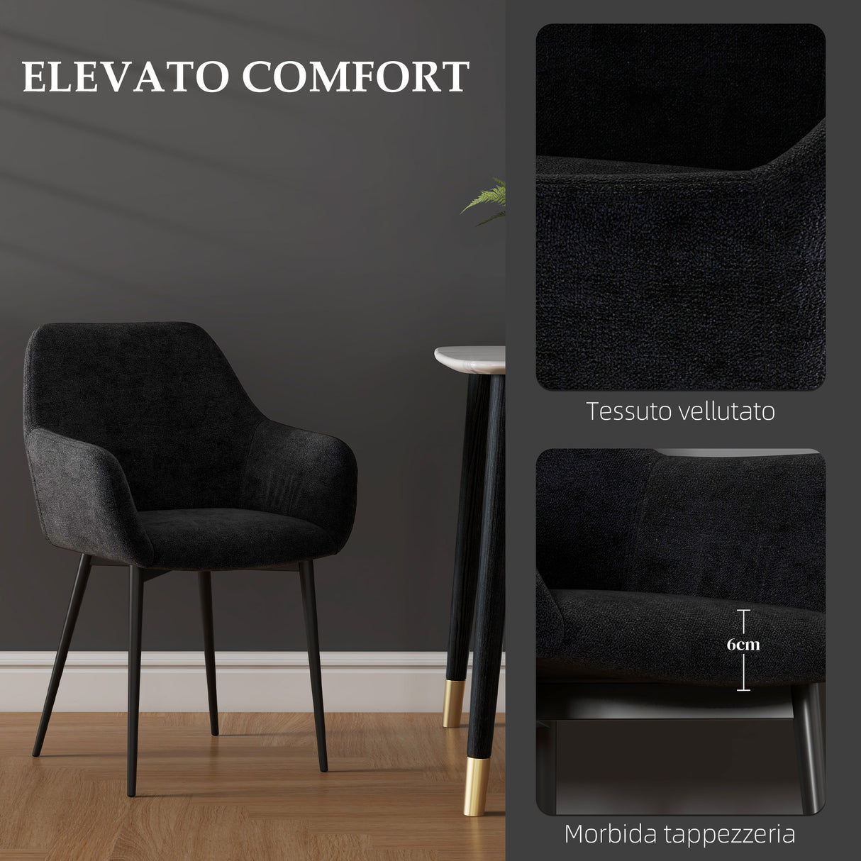 easycomfort easycomfort set 2 sedie per sala da pranzo moderne con braccioli seduta imbottita e gambe in acciaio 54x57x80cm nero