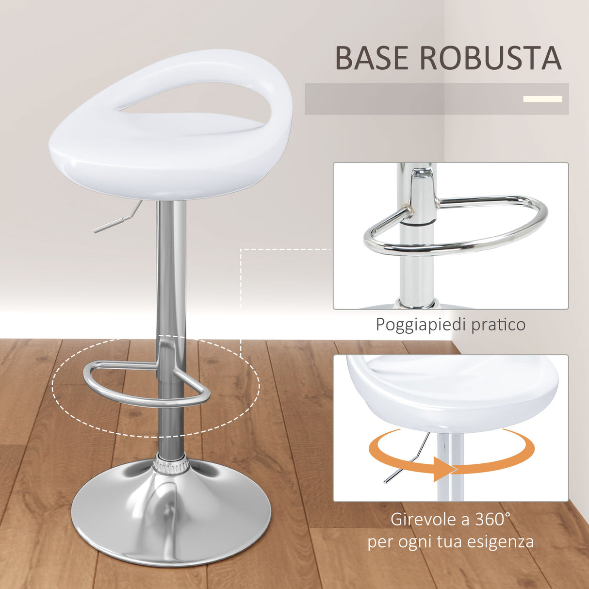 easycomfort easycomfort set 2 sgabelli da bar girevoli con poggiapiedi altezza regolabile base in acciaio seduta in abs bianco