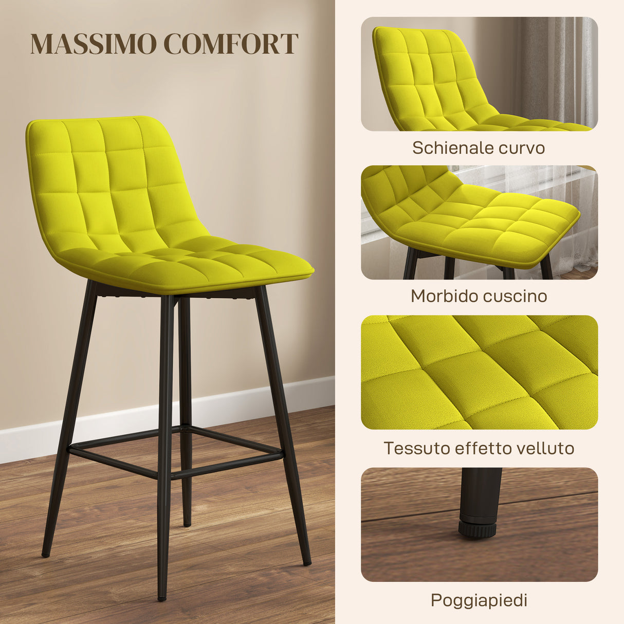 easycomfort easycomfort set 2 sgabelli da cucina stile nordico in tessuto effetto velluto e metallo 45x47x84 cm giallo
