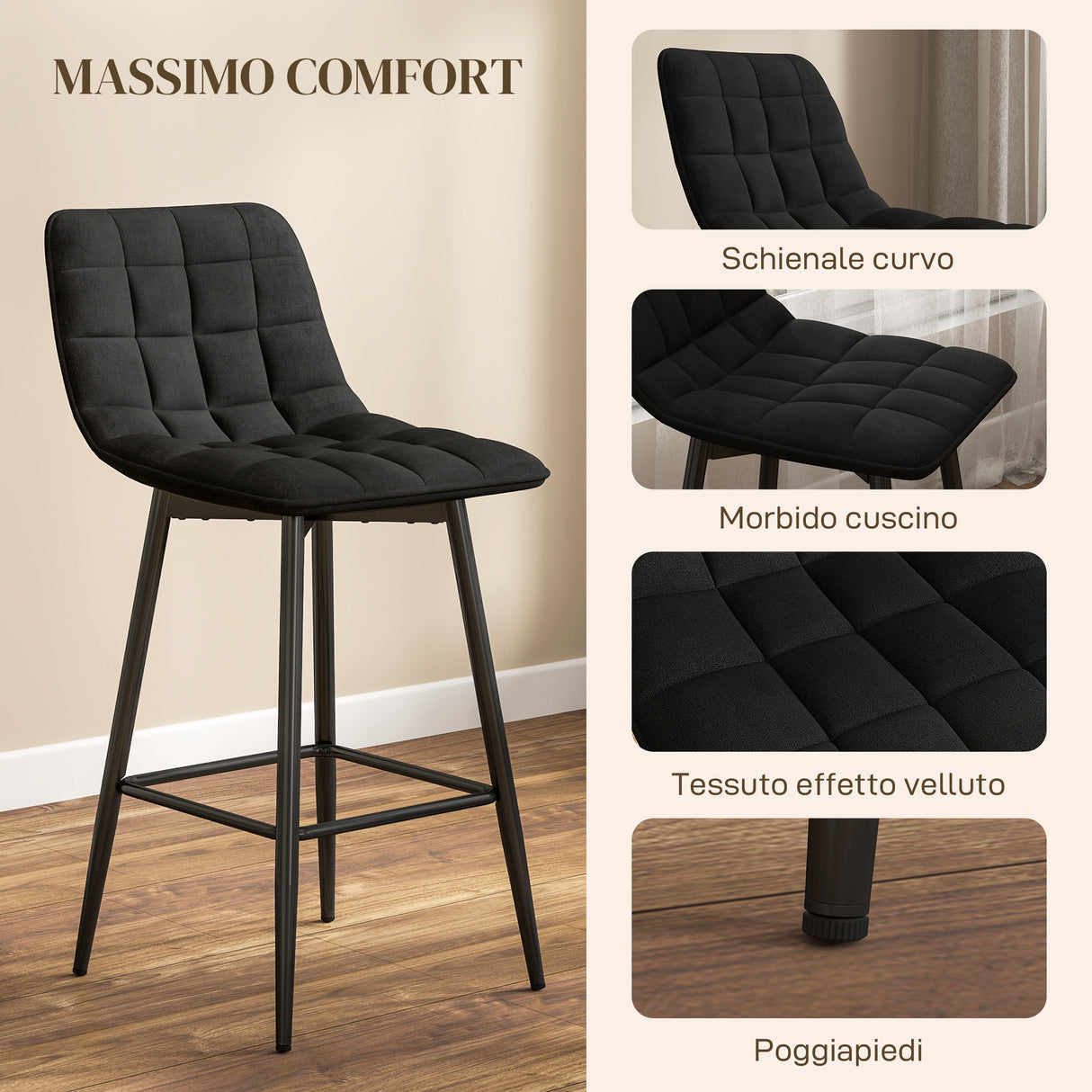 easycomfort easycomfort set 2 sgabelli da cucina stile nordico in tessuto effetto velluto e metallo 45x47x84 cm nero