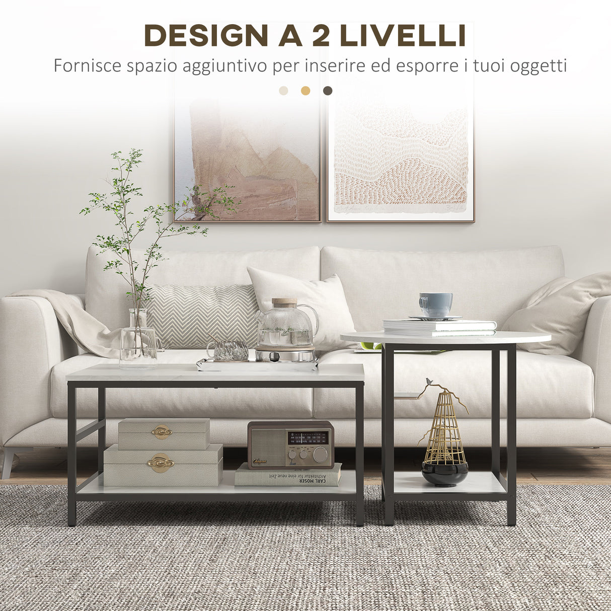 easycomfort easycomfort set 2 tavolini da caffe a 2 livelli in truciolato e acciaio con piano dappoggio effetto marmo bianco e nero