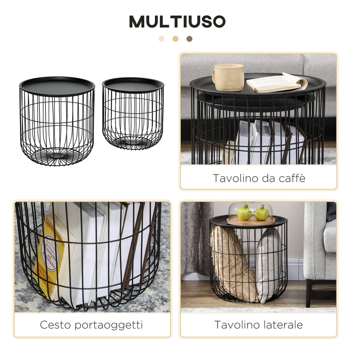 easycomfort easycomfort set 2 tavolini da salotto impilabili rotondi in acciaio con vano contenitore nero
