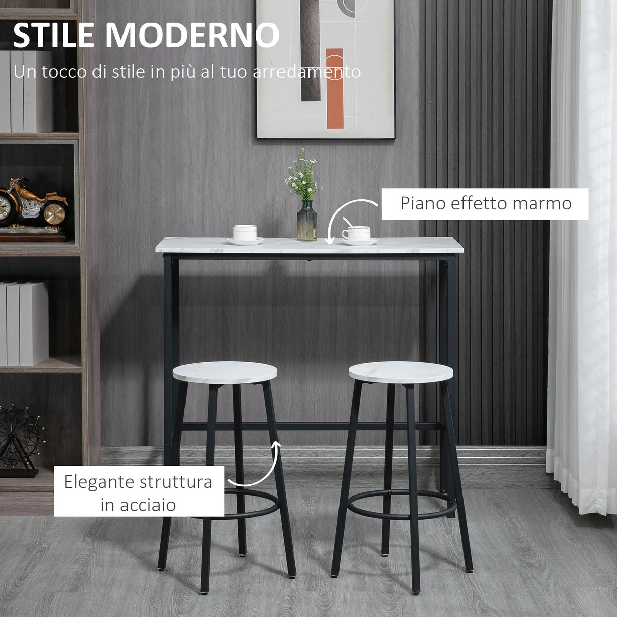 easycomfort easycomfort set 3 pezzi con tavolo rettangolare e 2 sgabelli da bar in truciolato mdf e acciaio bianco e nero