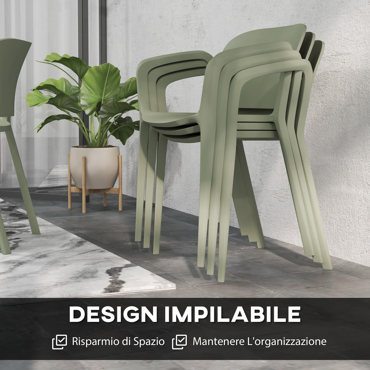 easycomfort easycomfort set 4 sedie da giardino impilabili in pp dal design moderno con braccioli 60x56x75 cm verde