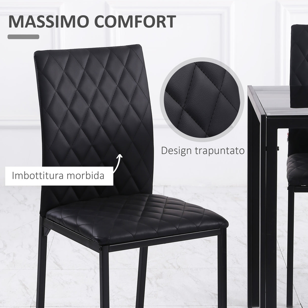 easycomfort easycomfort set 4 sedie da pranzo in finta pelle con cuciture a rombi e gambe in metallo nero