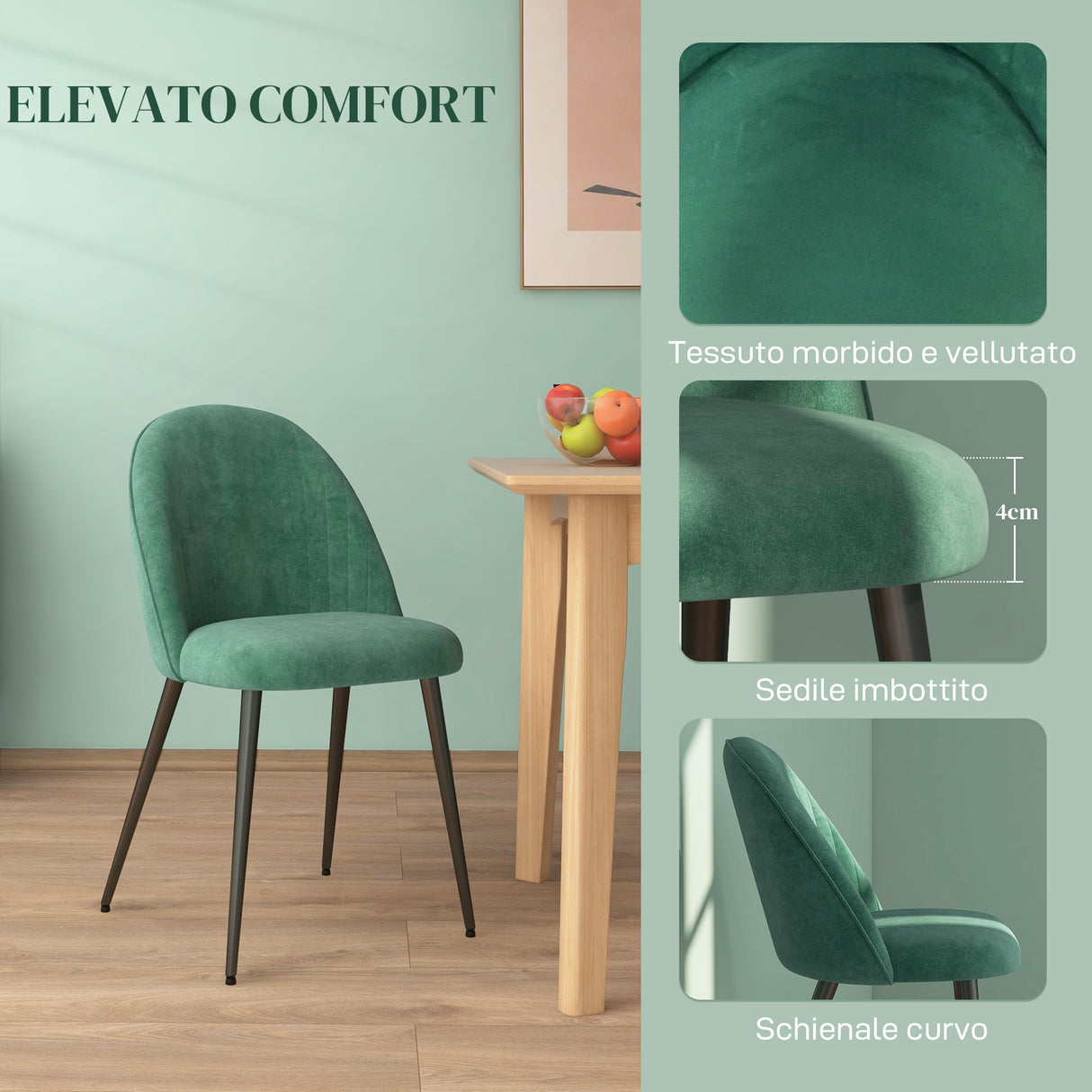 easycomfort easycomfort set 4 sedie moderne imbottite con schienale ricurvo in tessuto effetto velluto e acciaio 50x52x83 cm verde