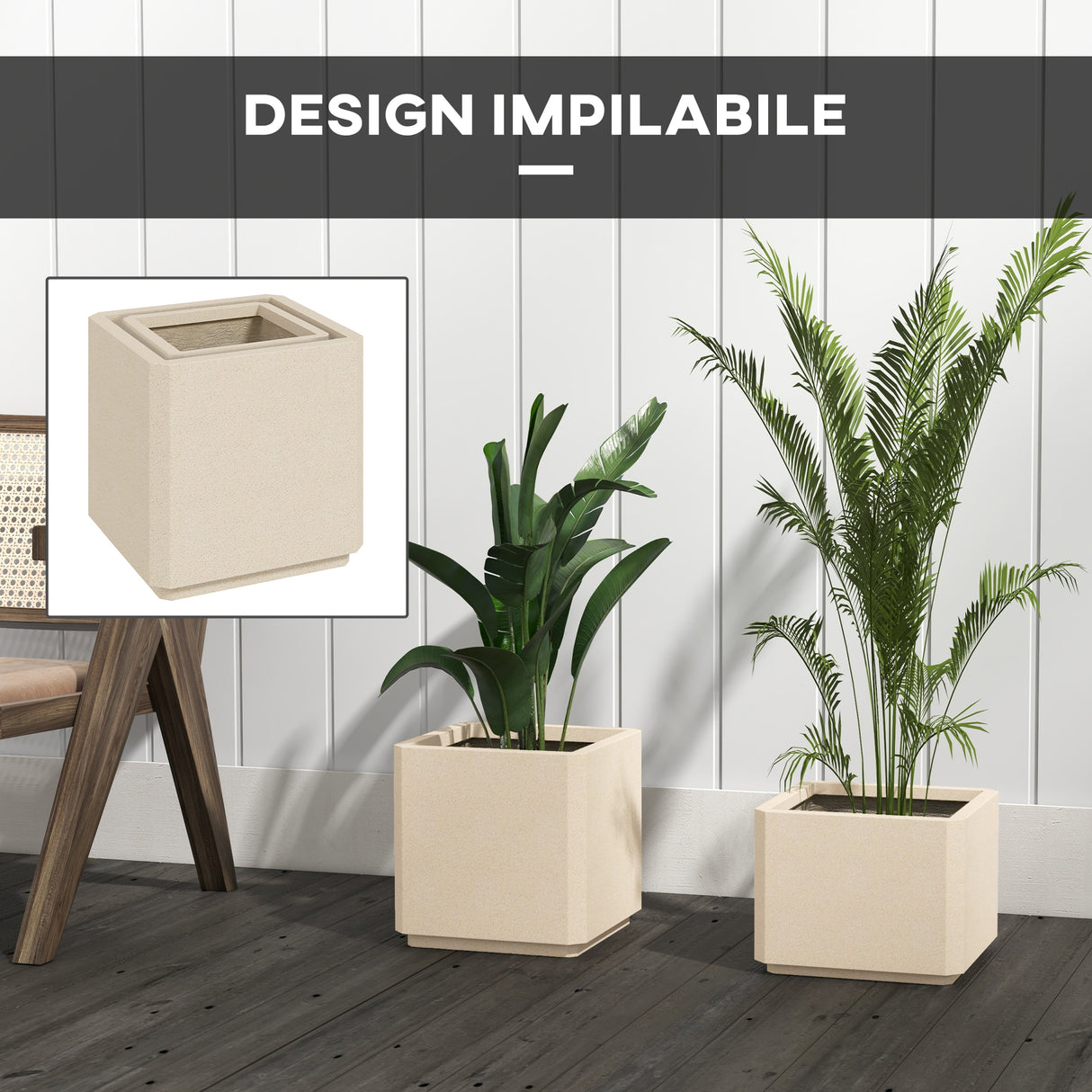 easycomfort easycomfort set da 2 vasi da giardino quadrati impilabili per esterno e interno beige