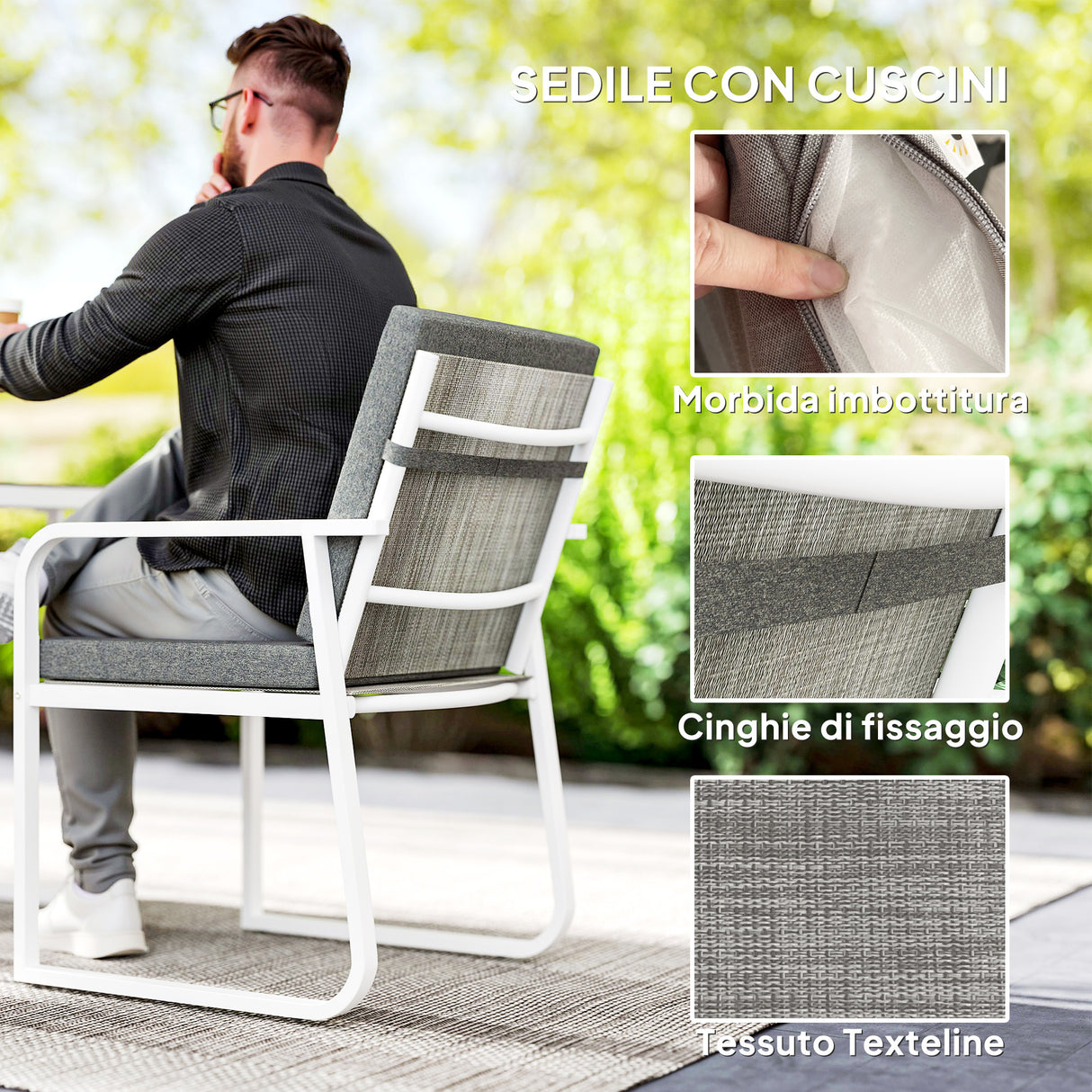 easycomfort easycomfort set da esterno 3 pezzi con 2 sedie con braccioli e cuscini e tavolo con piano in vetro bianco