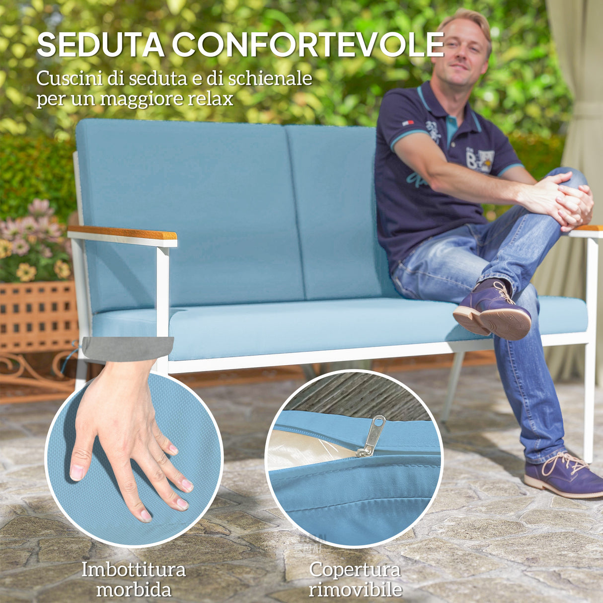 easycomfort easycomfort set da esterno con divano 2 posti 2 poltrone e 2 tavolini da caffe in vetro azzurro