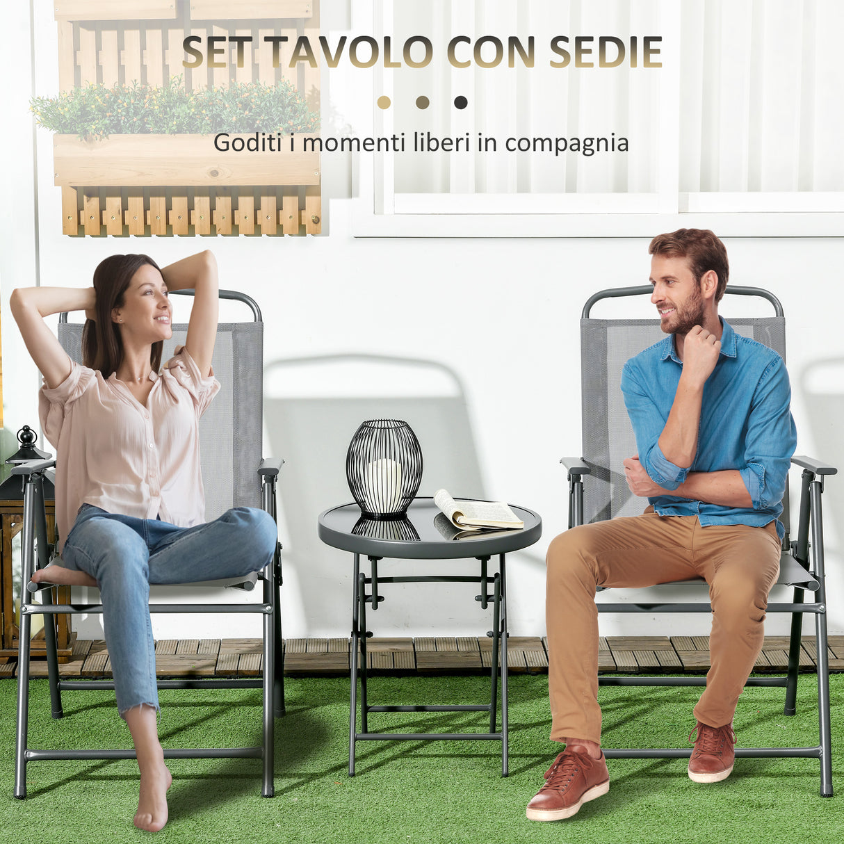 easycomfort easycomfort set da giardino 3 pezzi con 2 sedie 53 5x64x93 cm e tavolino da caffe 45x50 cm in metallo grigio chiaro