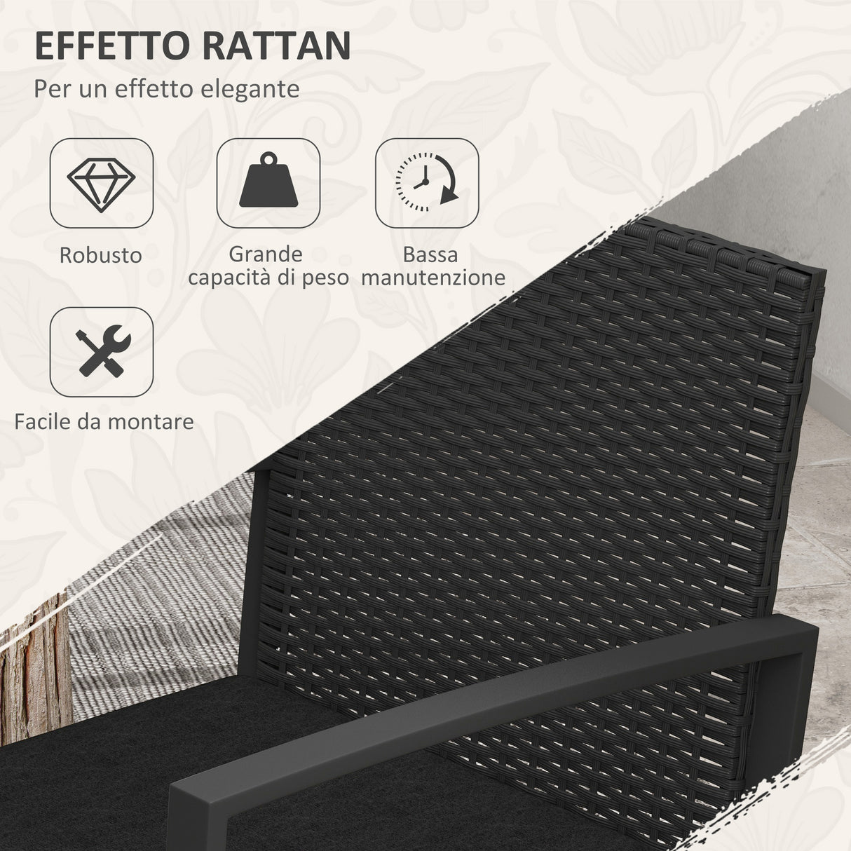 easycomfort easycomfort set da giardino 3 pezzi con 2 sedie con cuscini e tavolino con piano in vetro effetto rattan nero