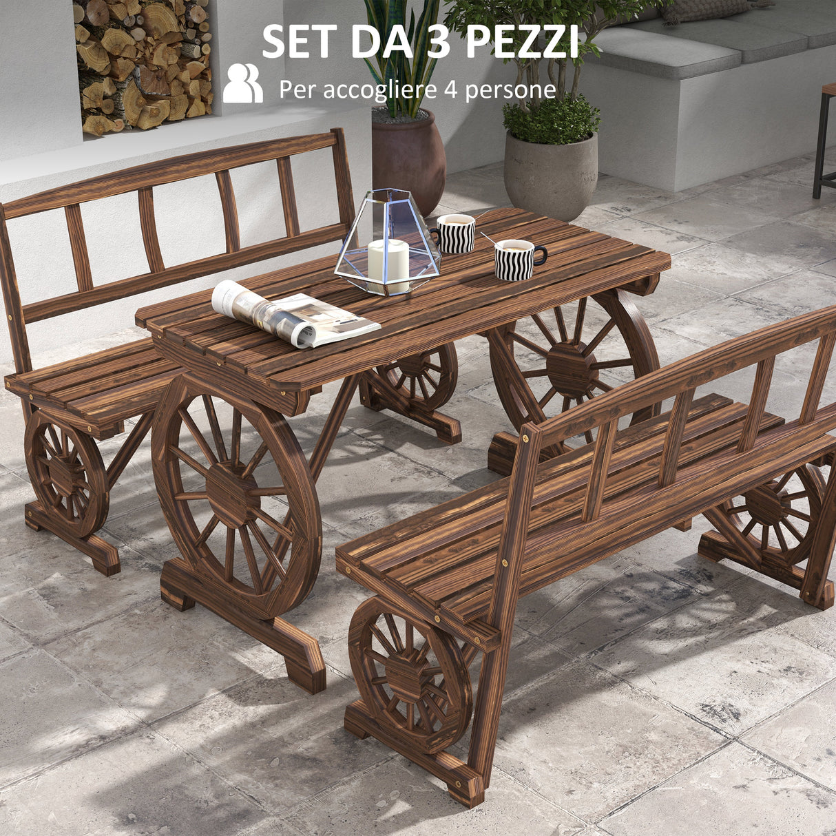 easycomfort easycomfort set da giardino 3 pezzi in legno di pino con 1 tavolo da esterno 115x55x71 cm e 2 panchine 115x51x80 cm
