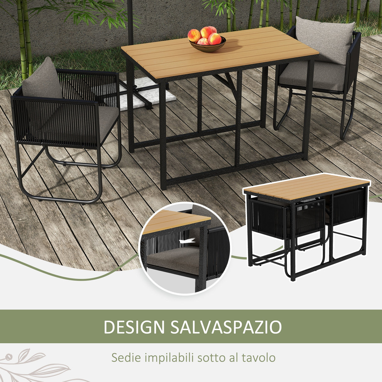 easycomfort easycomfort set da giardino 3 pezzi in rattan con 2 sedie 50x51 5x67 cm e tavolo 110x60x75 cm in legno composito