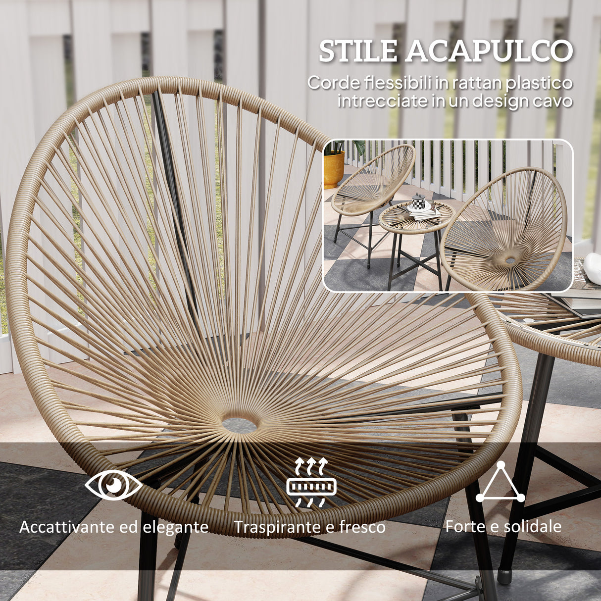 easycomfort easycomfort set da giardino 3 pezzi in rattan pe e acciaio con 2 sedie ovali e tavolino da caffe nero e color legno