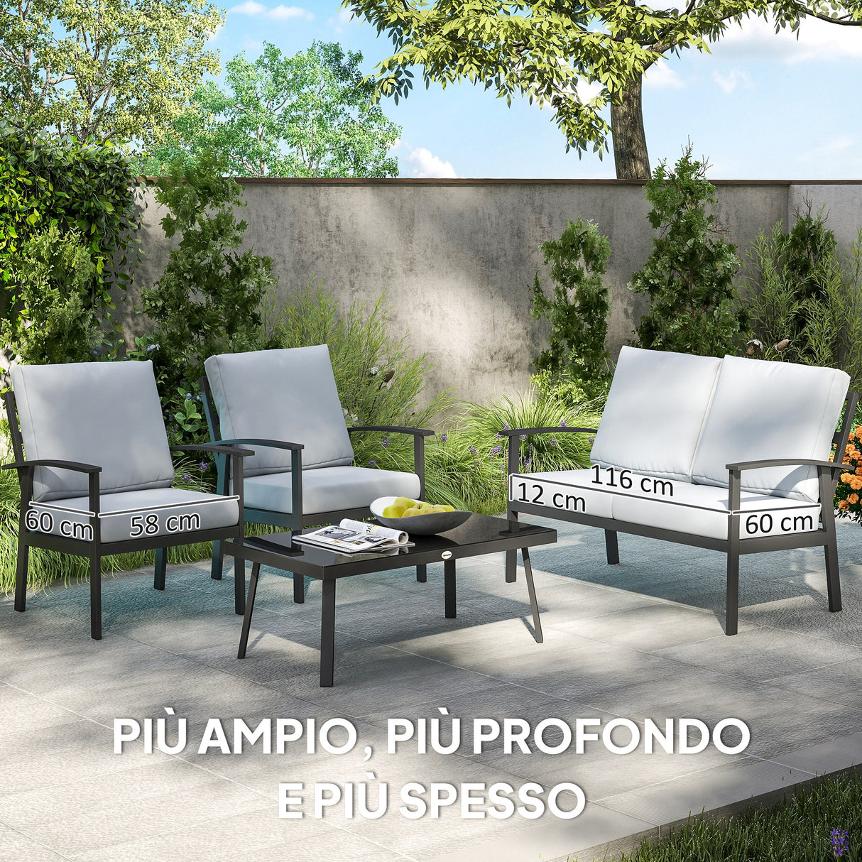 easycomfort easycomfort set da giardino 4 pezzi con 2 poltroncine divano 2 posti e tavolino in alluminio e fibra grigio carbone