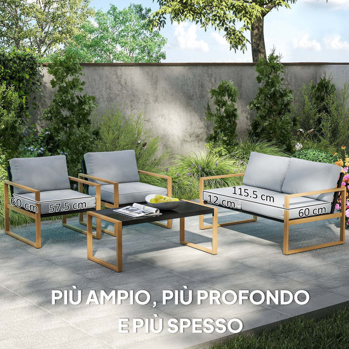 easycomfort easycomfort set da giardino 4 pezzi con 2 poltrone divanetto e tavolino in alluminio e fibra grigio e color legno